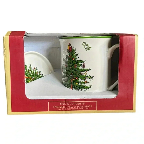 SPODE Christmas Tree 14 oz Mug & 4" Coaster Set Microwave/Freezer Safe NIB - Picture 1 of 6